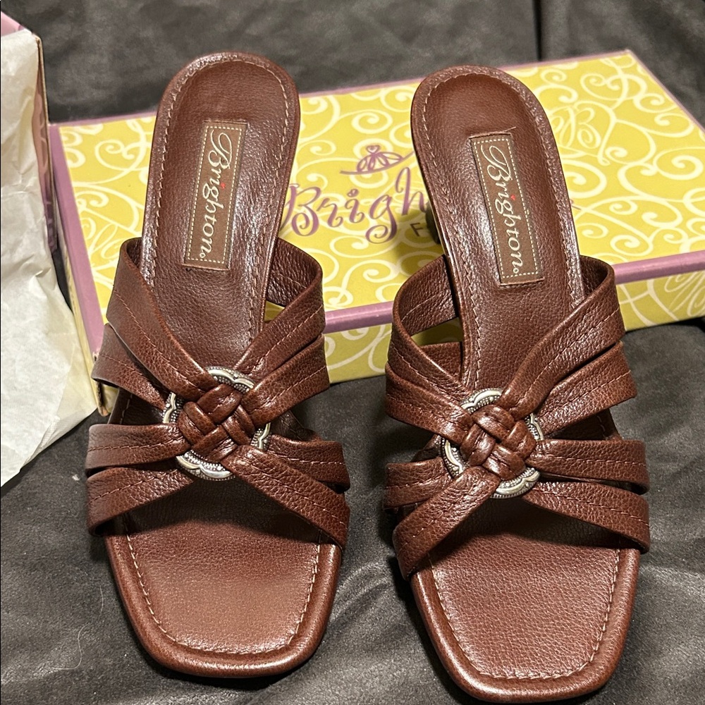 Brighton Brown Leather Braided Ring Slide Mules